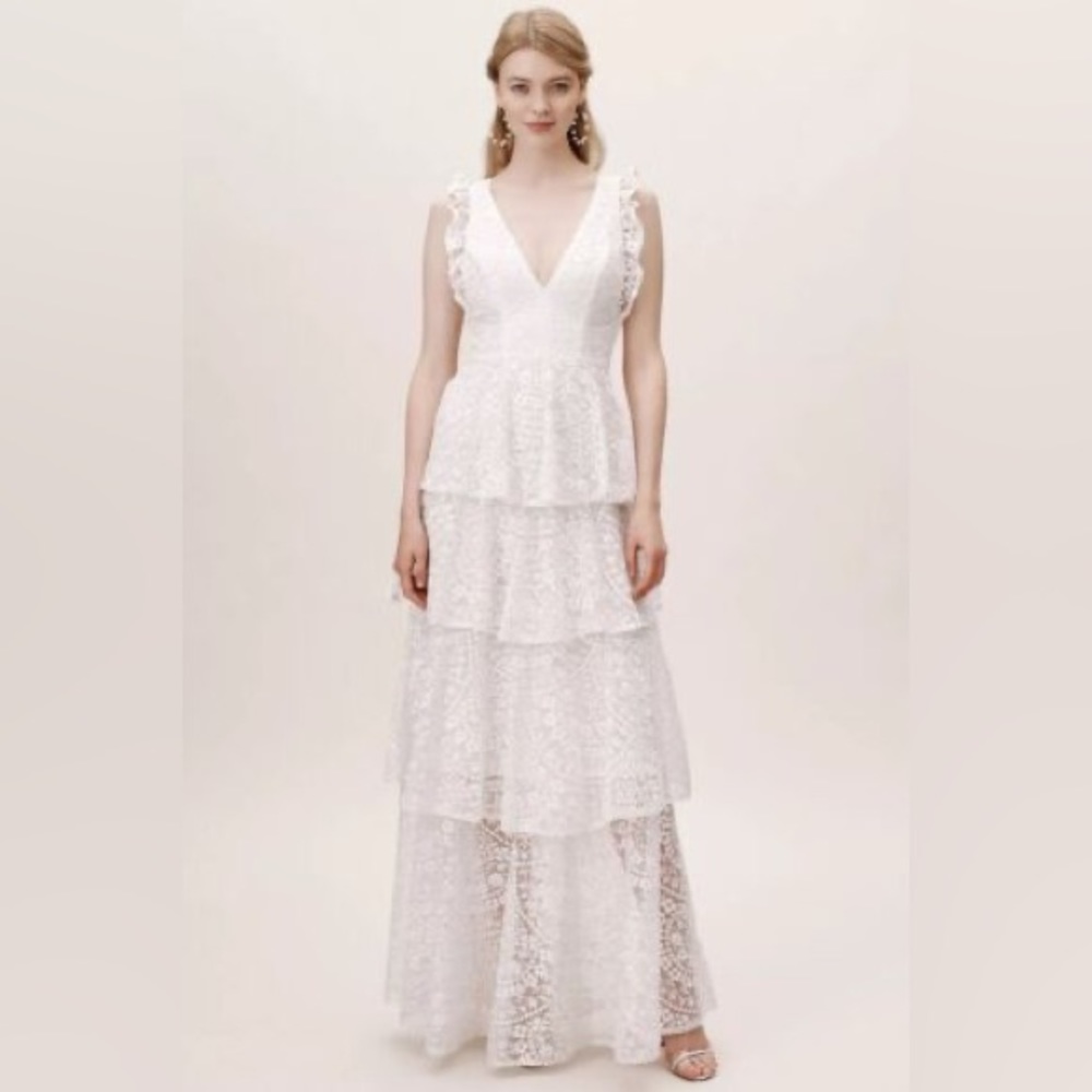 ML Monique Lhuillier BHLDN White Annella Wedding Maxi Tiered Dress NWT Size 10